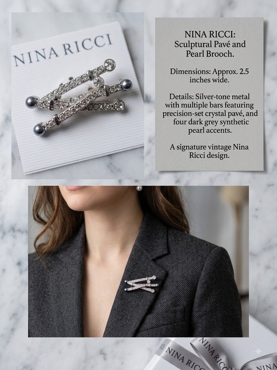 Nina Ricci Jewelry - Nina Ricci Silver-Tone Crystal & Dark Gray Pearl Sculptural Brooch